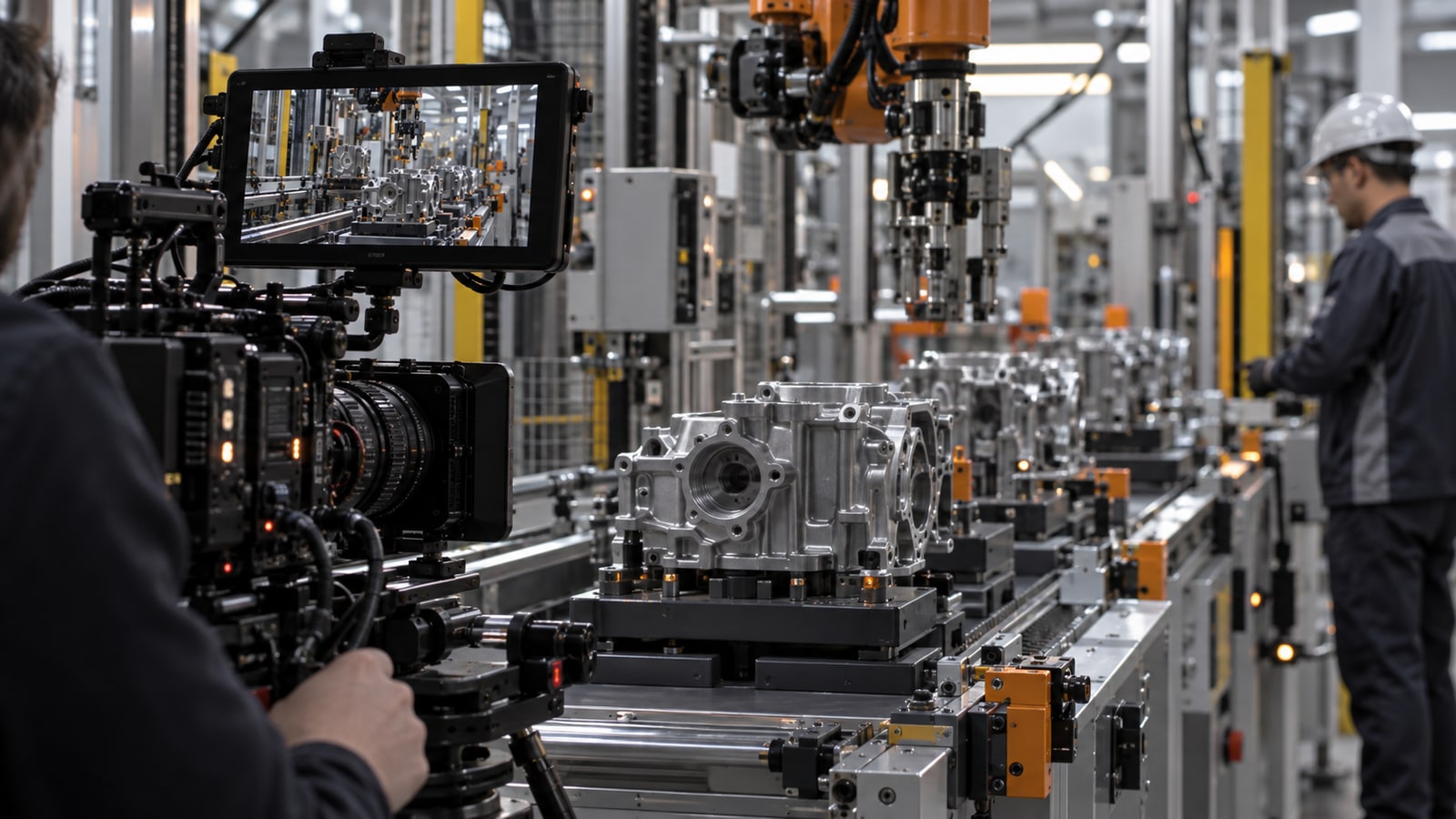 Cámara filmando maquinaria industrial — imagen temporal generada con IA